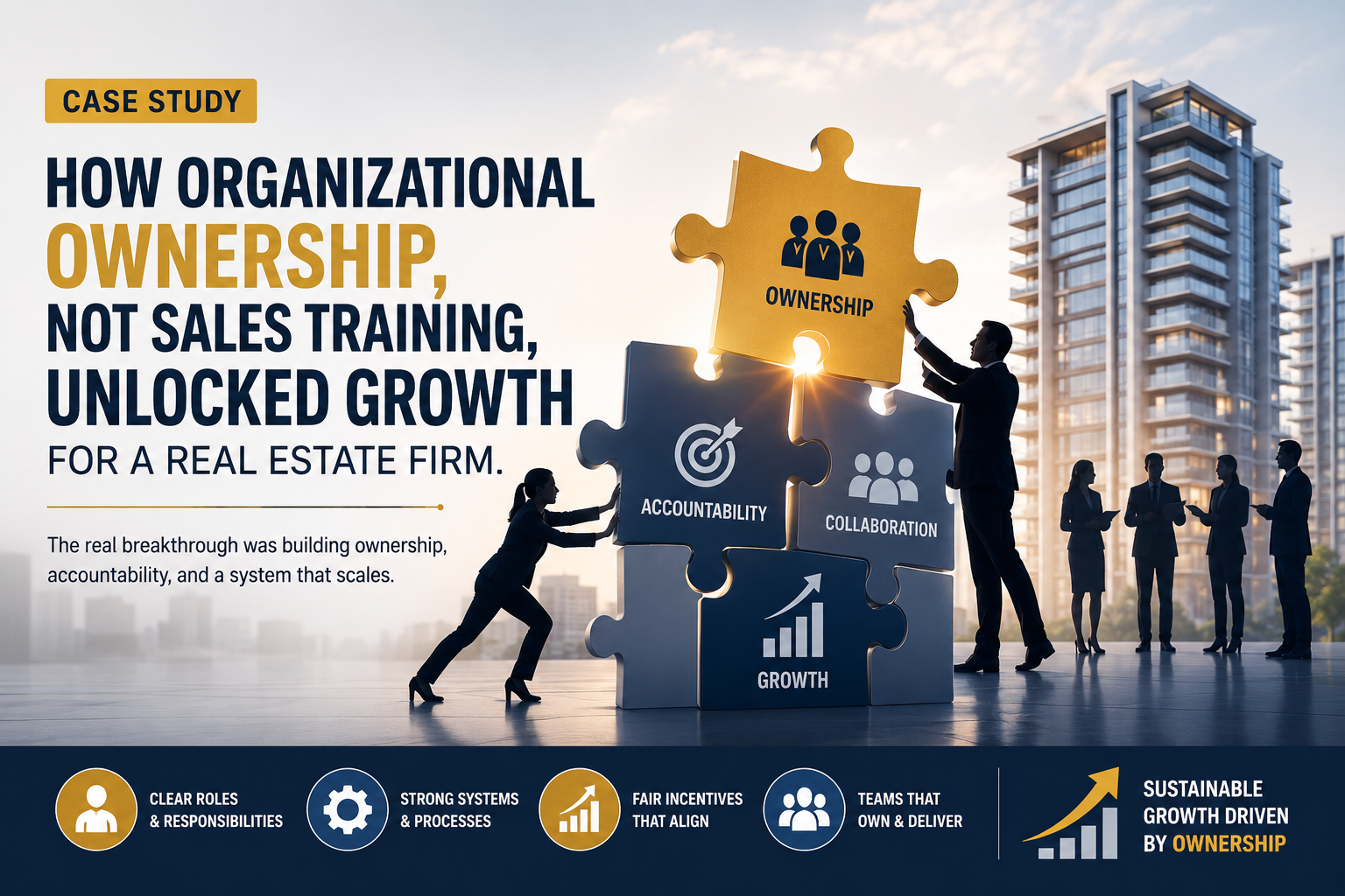 Case study cover about organizational ownership unlocking growth for a real estate firm.
