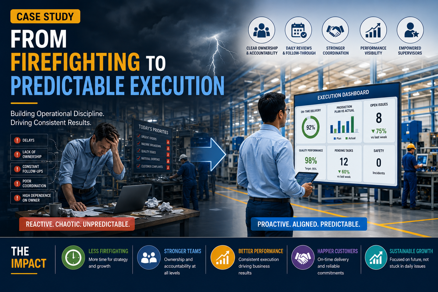 Case study cover showing a shift from firefighting to predictable execution in manufacturing.